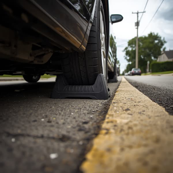 Rubber wheel chock wedged behind a tire on a residential street