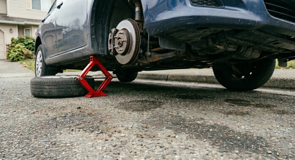 Flat tire on the ground beside a sedan raised on a red scissor jack, wheel removed