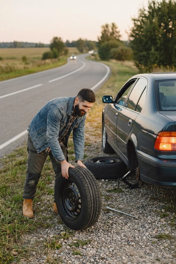 Person rolling a tire toward a car to mount it onto the wheel hub